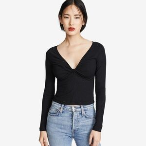 ALC Savannah Twist V Neck Long Sleeve Fitted Crop Tee Black Jersey Rib Knit Top